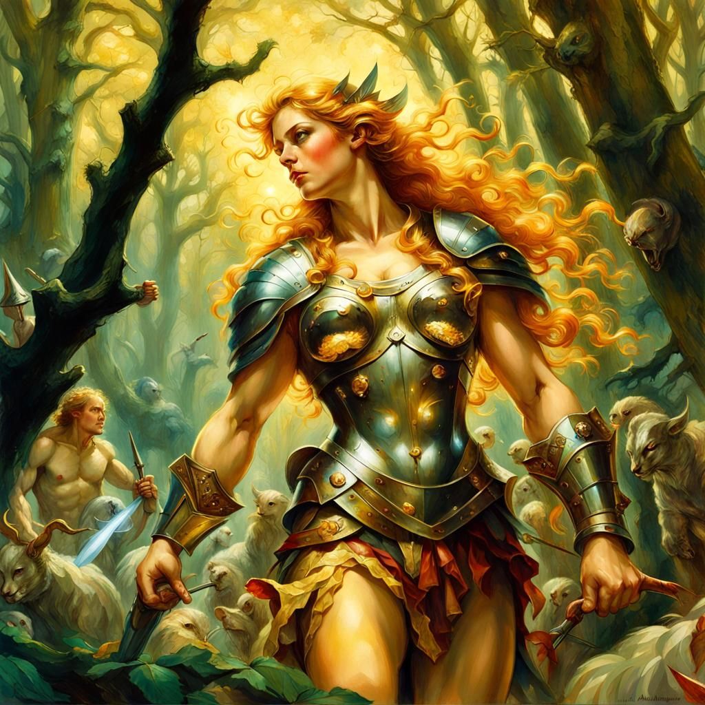 Armored Artemis Hunting in a Grove: Renaissance Painting