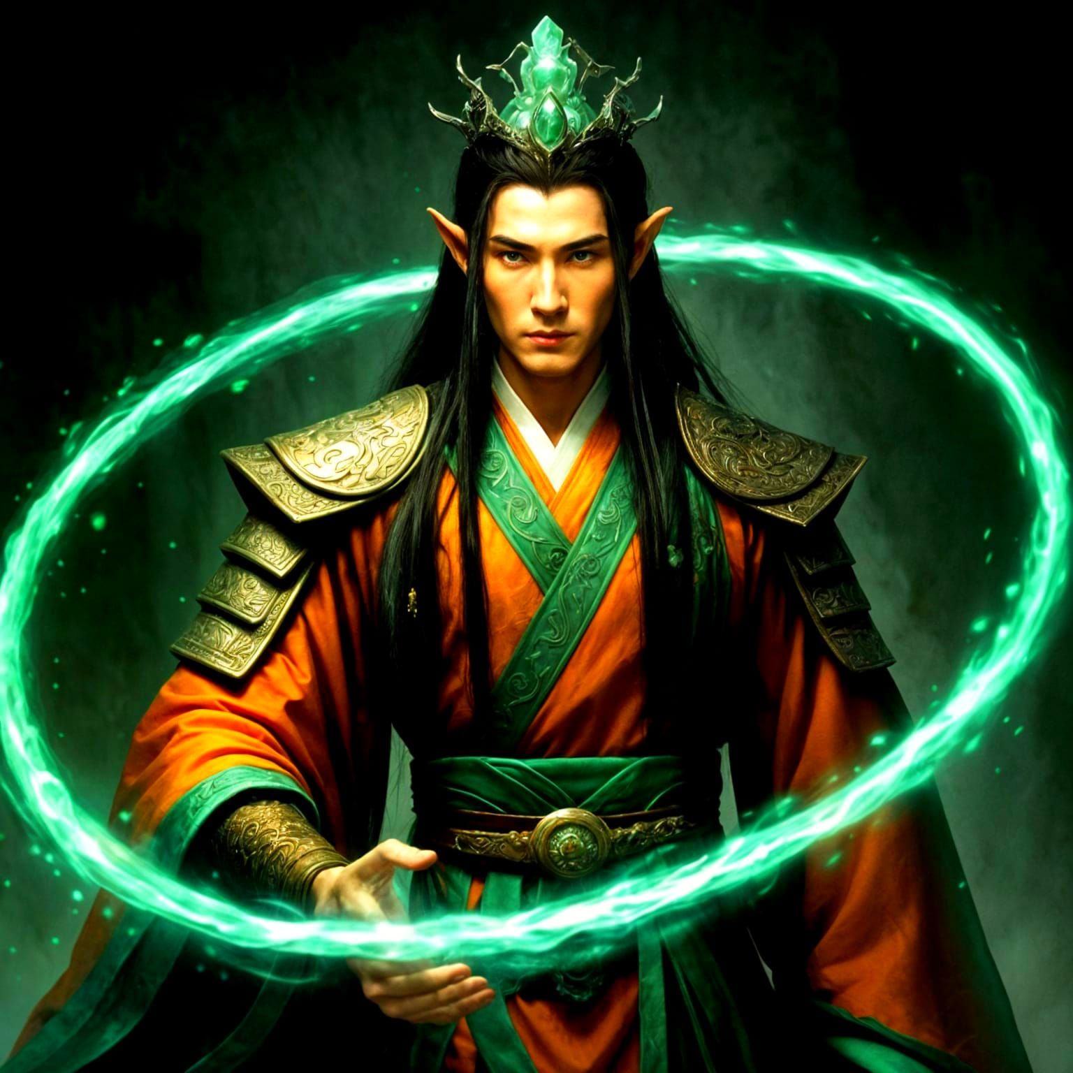 Mystical Elven Sorcerer in Amber Hanfu