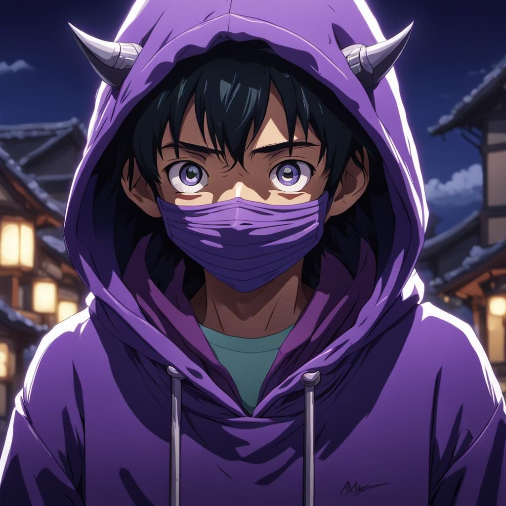 Anime Demon in Purple Hoodie, Ghibli Style