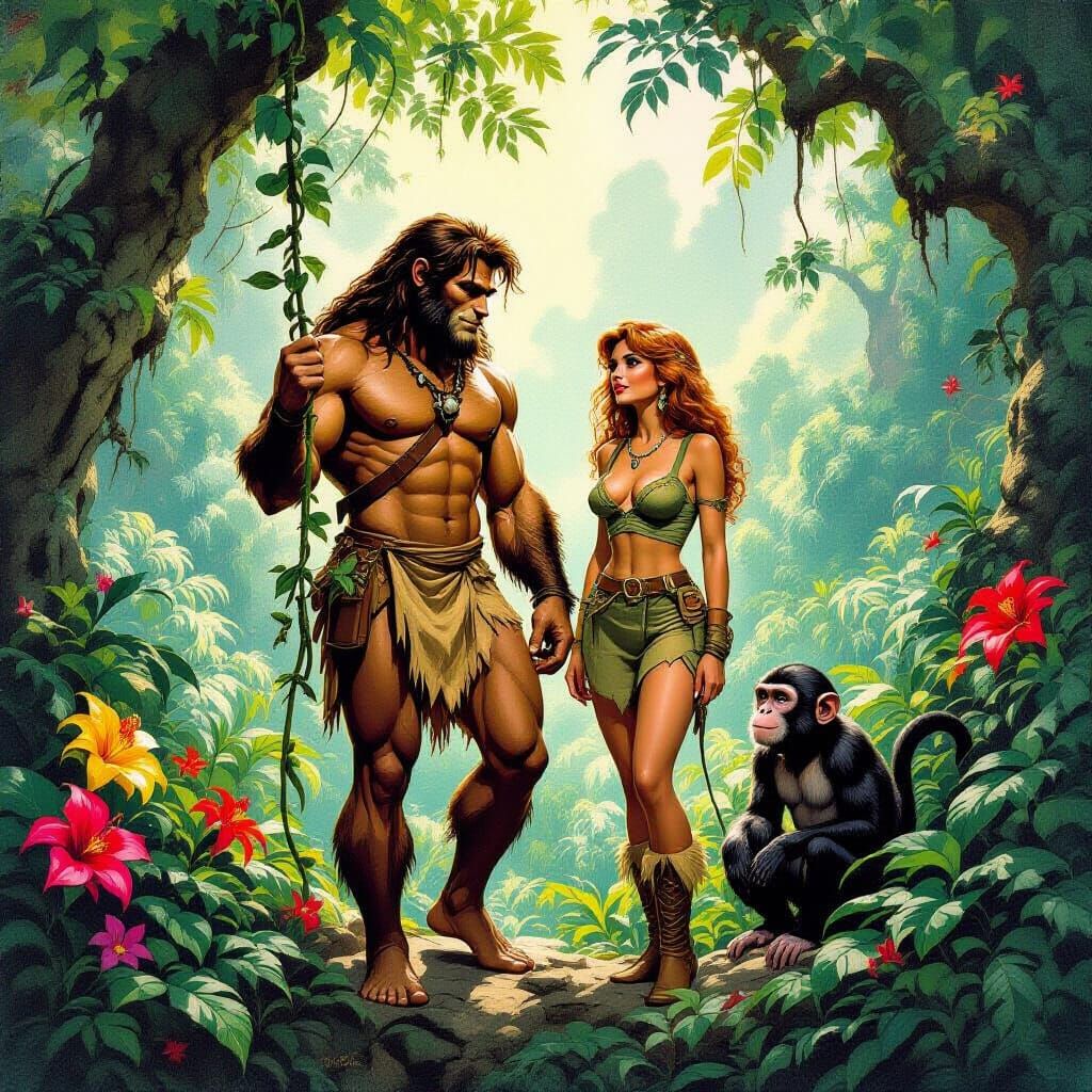 Tarzan and Jane in a Vibrant Jungle Scene