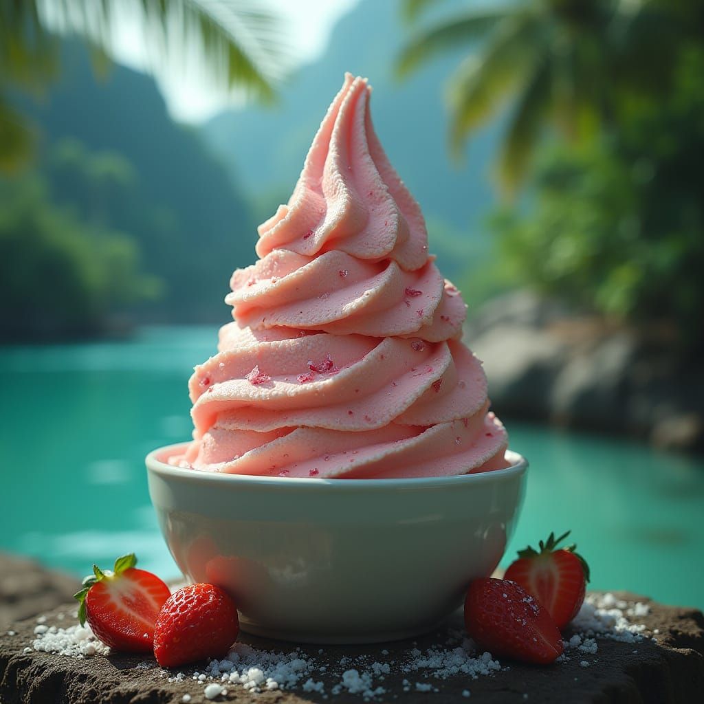 Stracciatella Gelato on Tropical Island in Hyperrealistic HD...