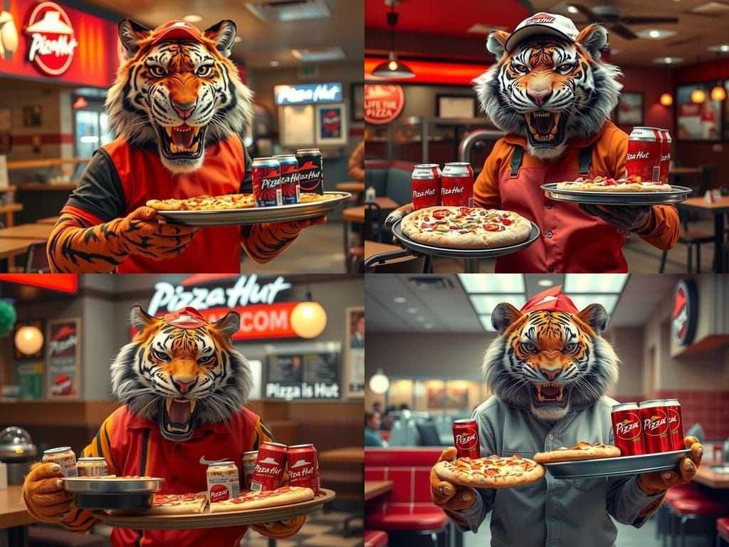 Tiger in Pizza Hut Uniform Serves Pizzas and Drinks