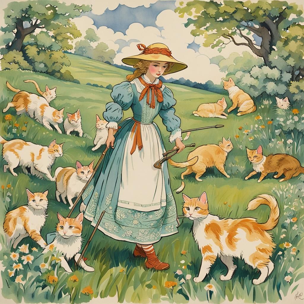Bo-Peep Herding Cats in Whimsical Gouache Style