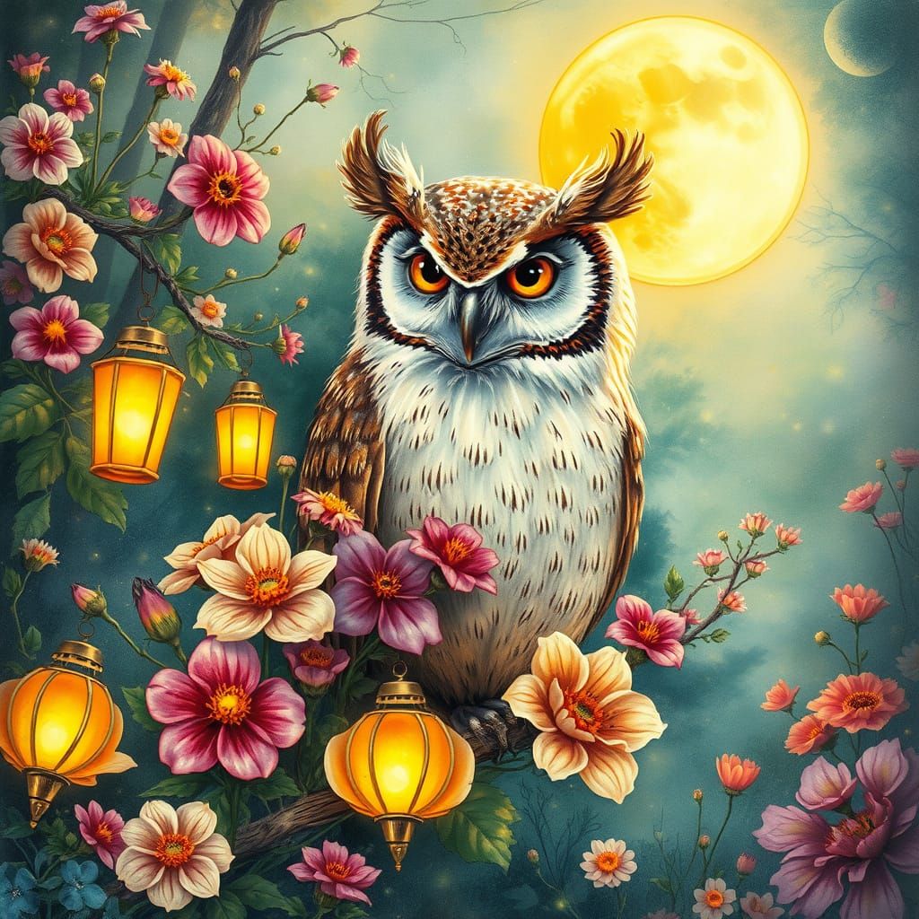 Owl in Ethereal Forest with Flowers and Lanterns