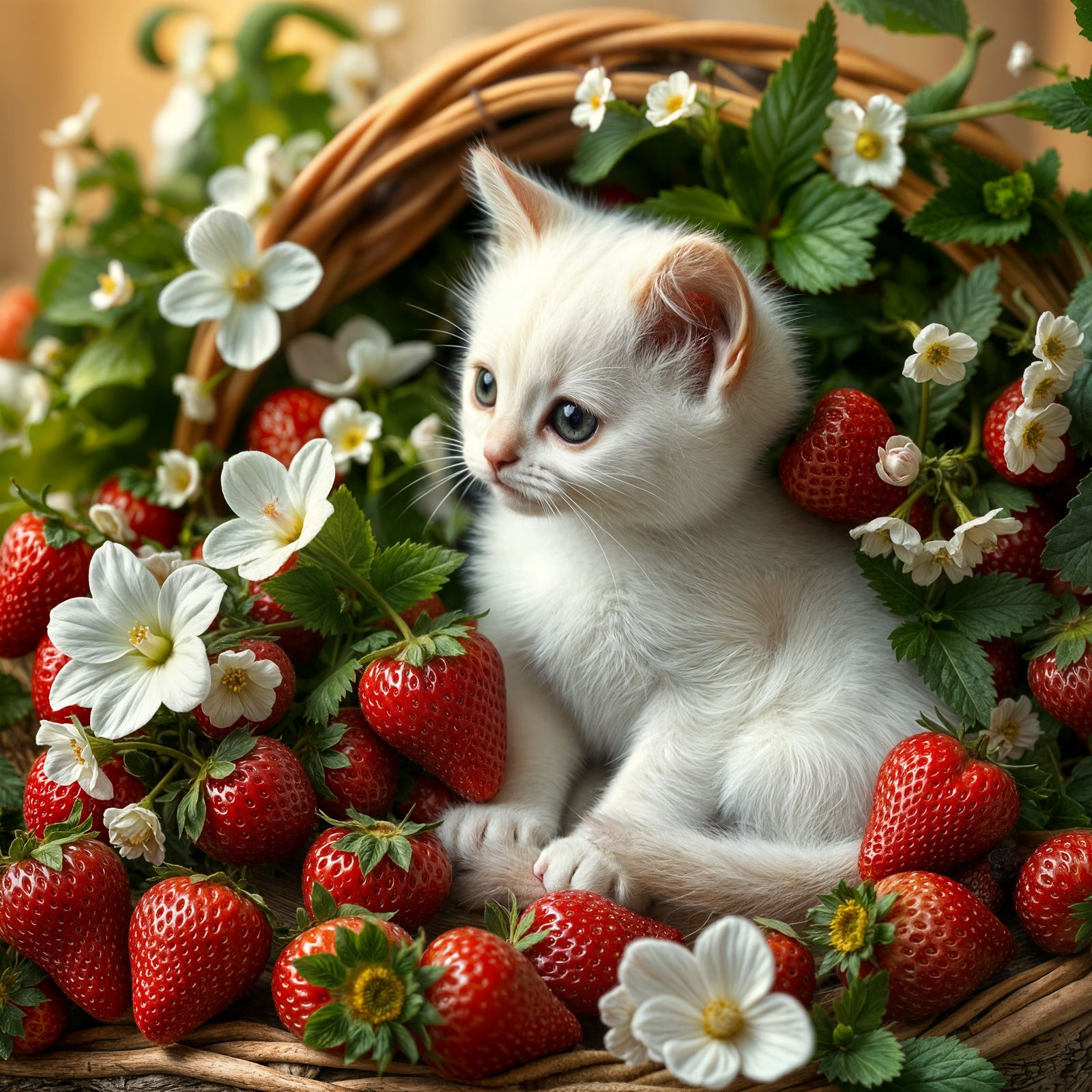 Whimsical White Kitten Amidst Luscious Strawberries