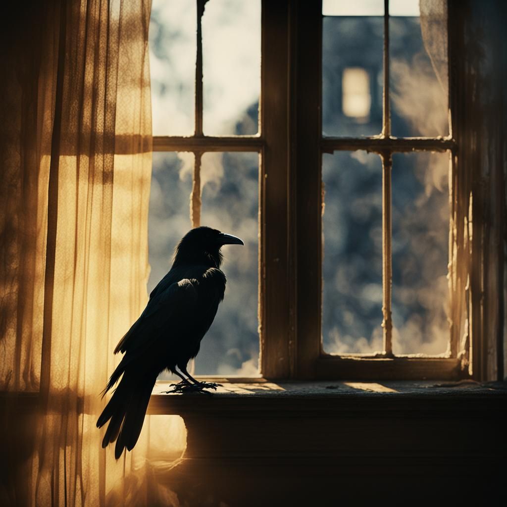 Raven on Windowsill in Cinematic Lighting