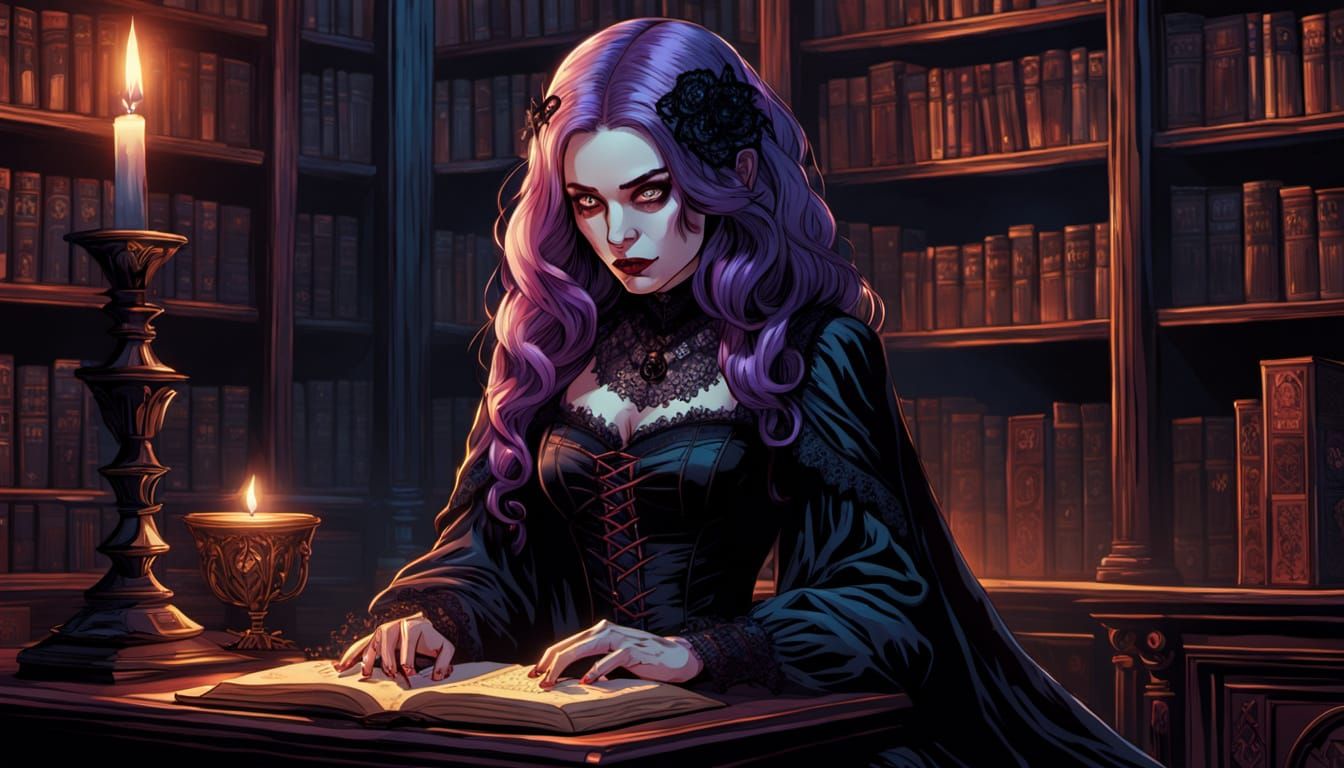 Victorian Gothic Vampire in Dark Library, Comic Book Art