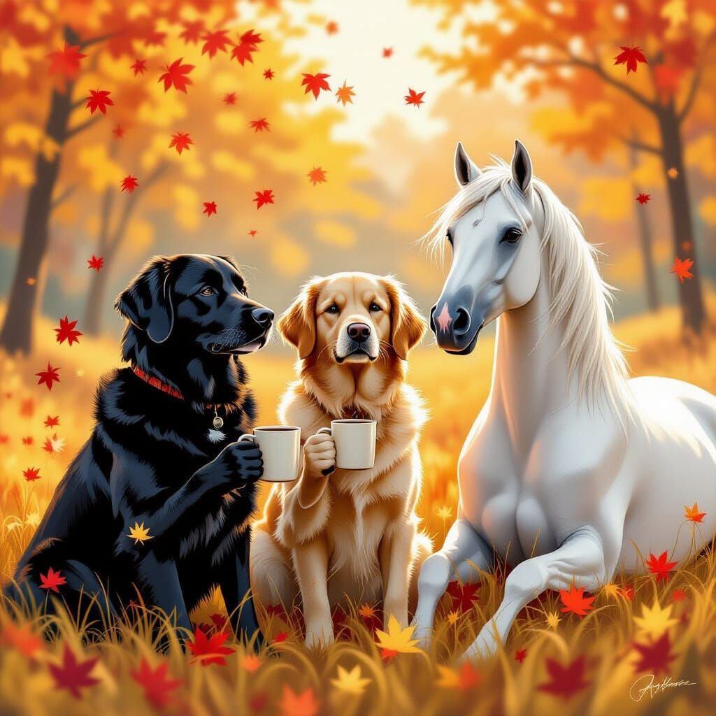 Dogs and Stallion with Cosmic Coats in Autumn Meadow