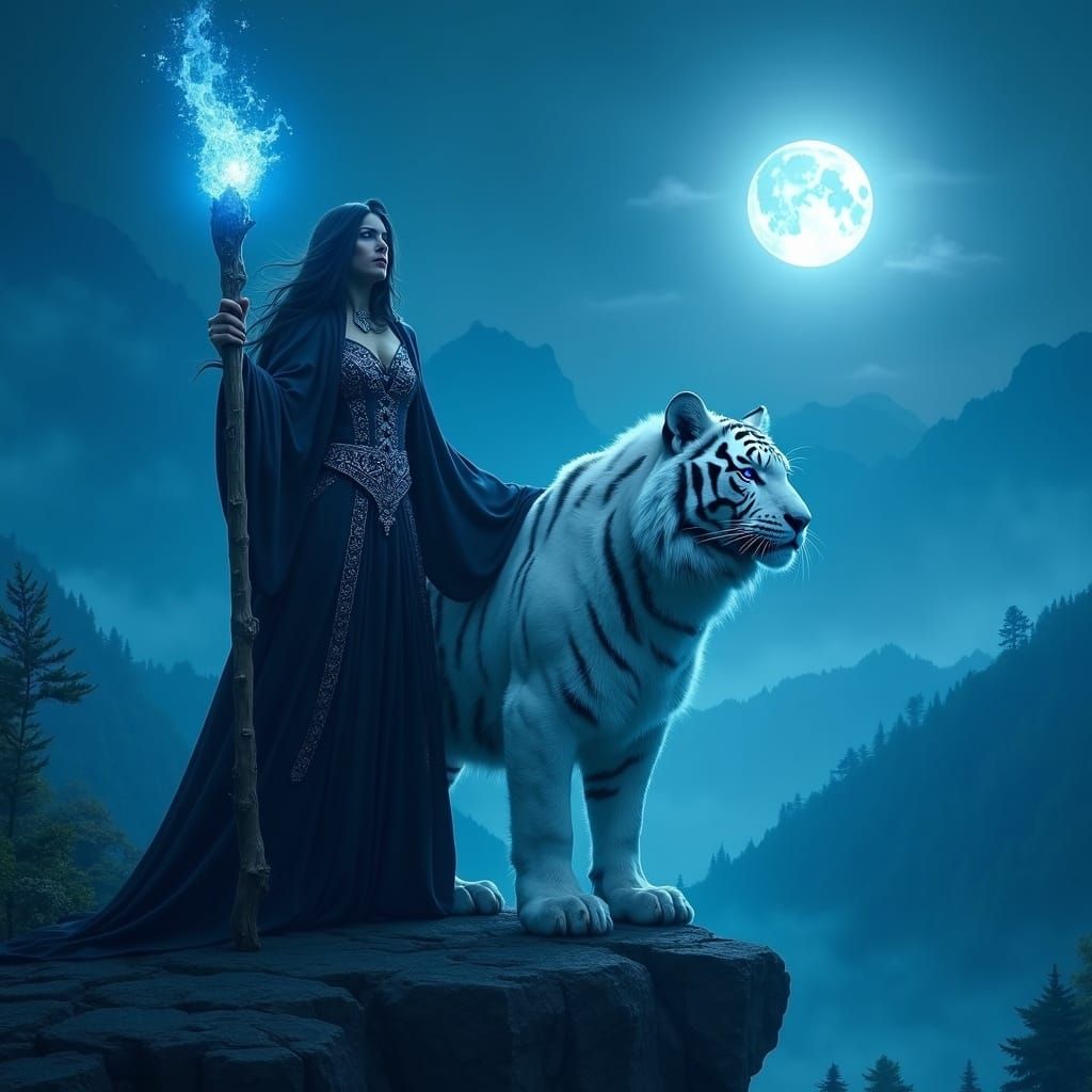 Witch and White Tiger on Moonlit Cliff