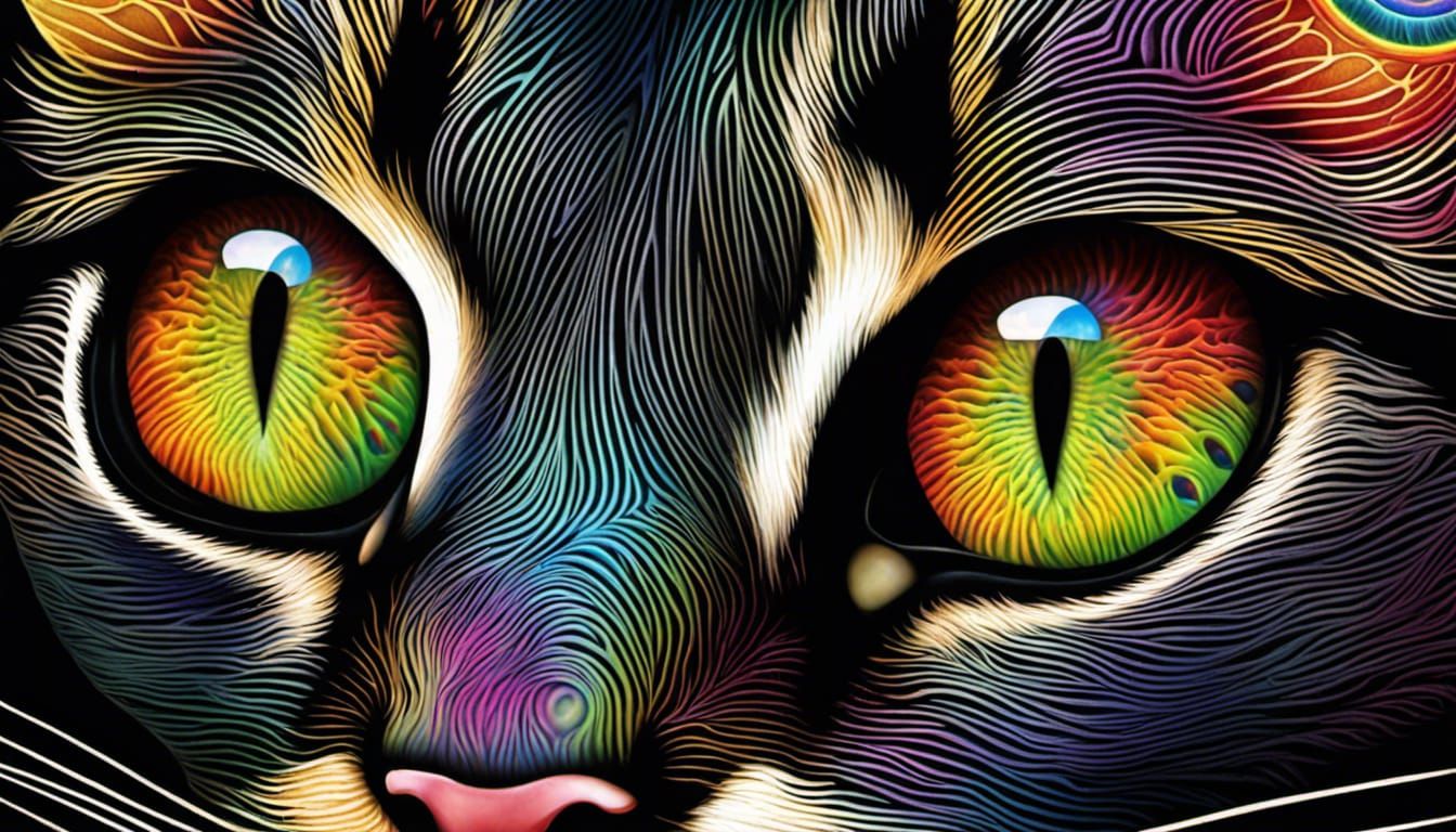 Rainbow-Eyed Kitten in Forest with Sacred Geometry
