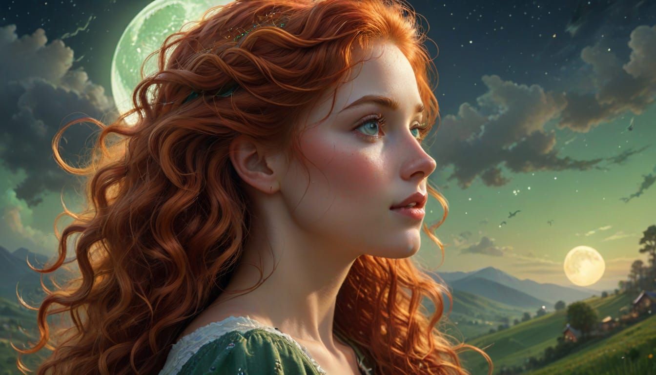 Ethereal Woman Gazes at the Moon: Hyper-Realistic Digital Ar...