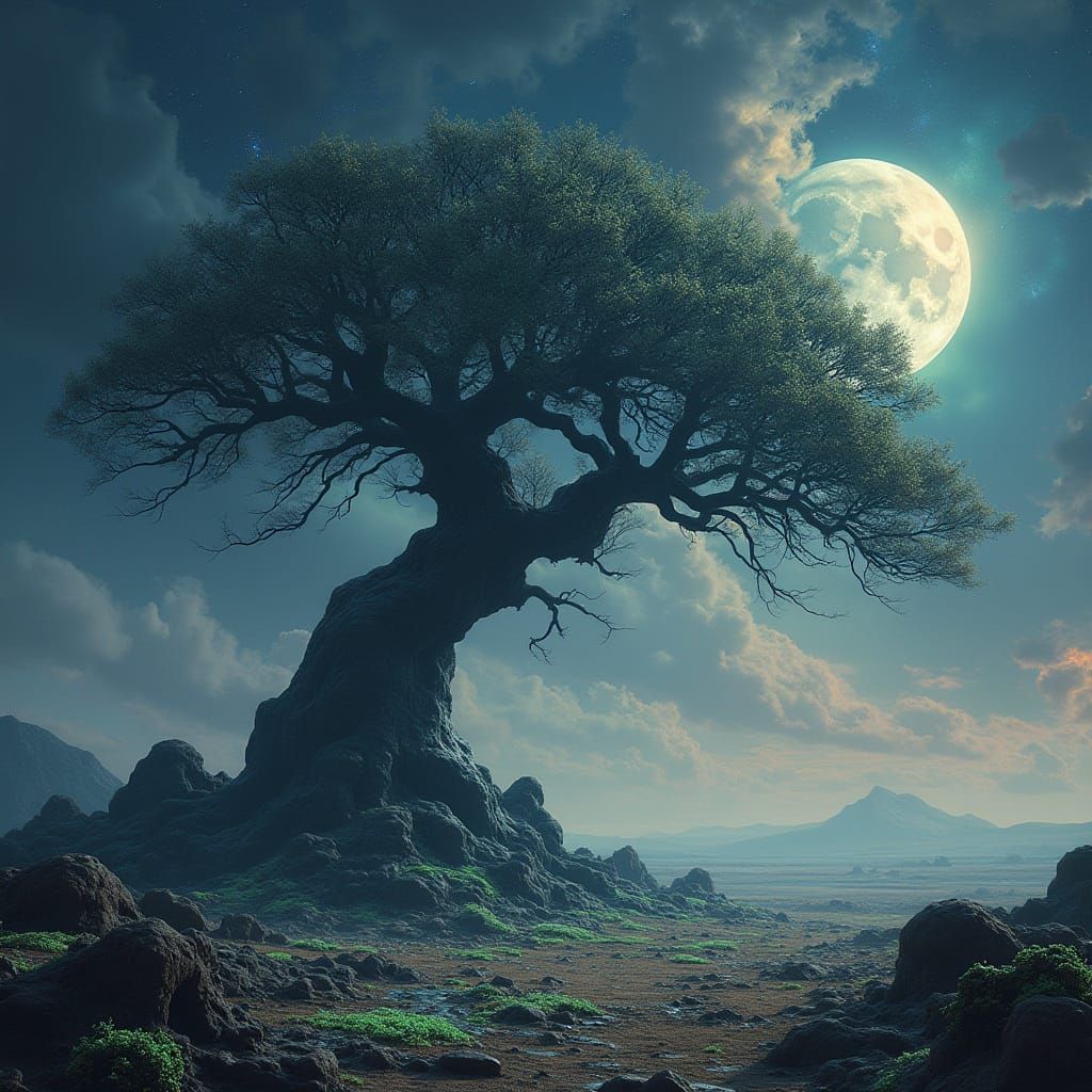 Ancient Alien Tree Under Swirling Nebulae Sky