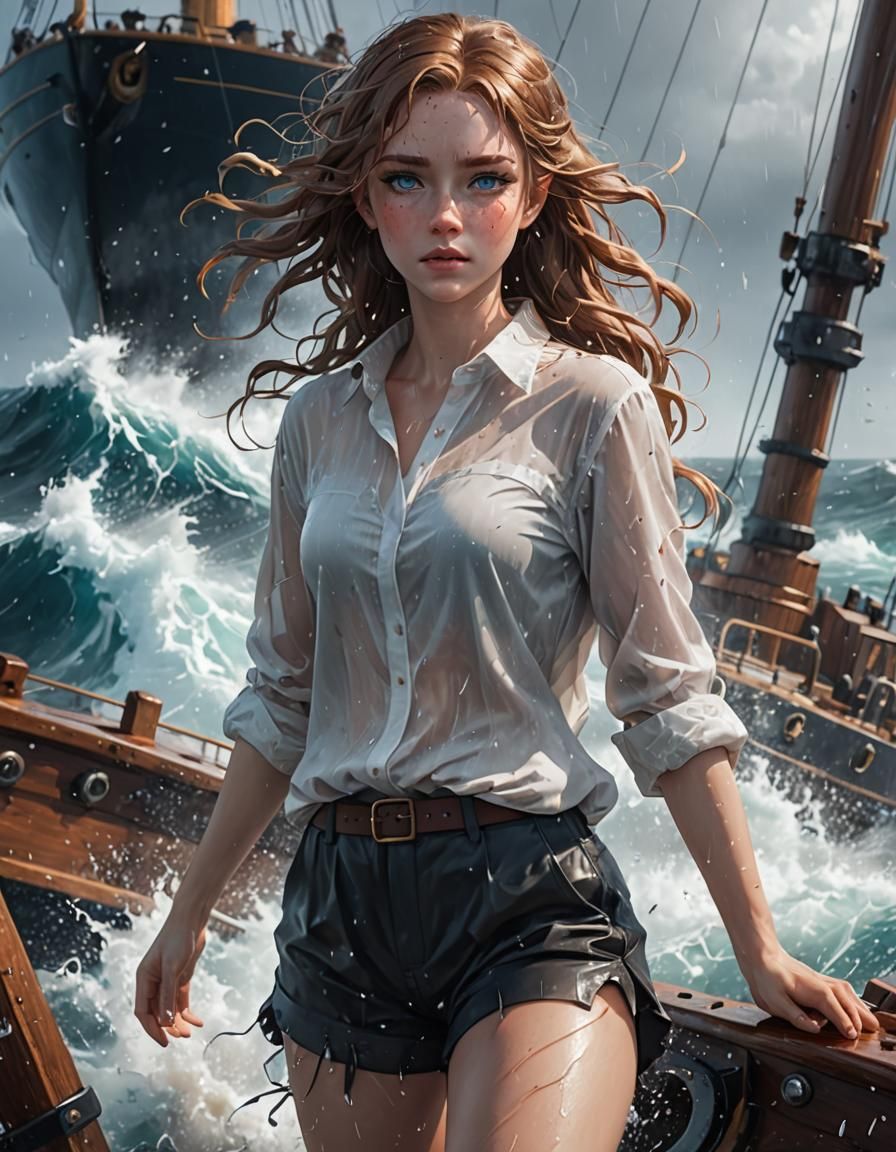 Anime Girl on Ship in Stormy Sea: 3D Art