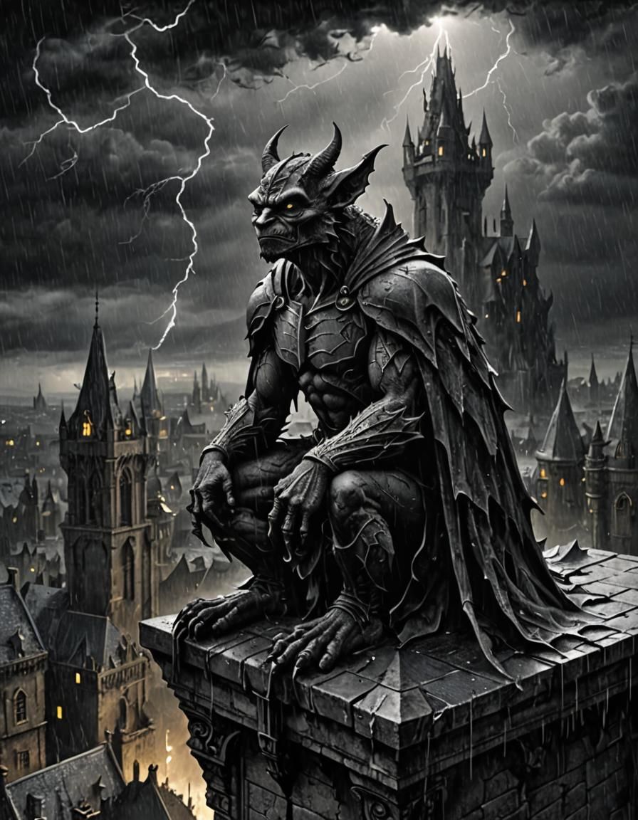 Gothic Gargoyle on Ruined Castle in Etching Style