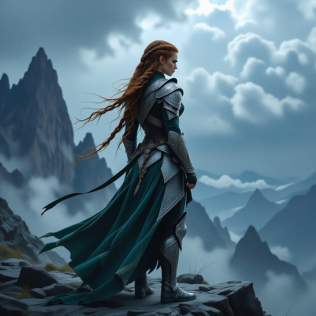 Elven Warrior Girl on Mountain Peak in Stormy Light