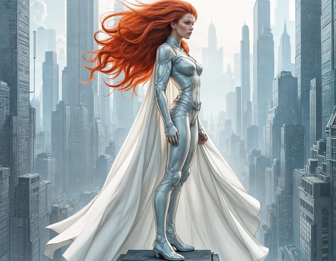 Red-Haired Superheroine Atop Skyscraper in Graphite Style