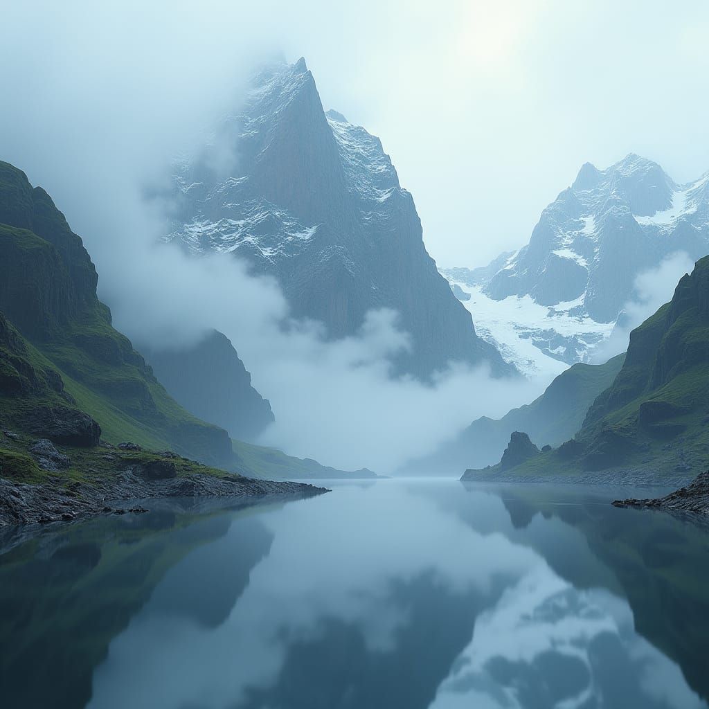 Mystical Snow Mountains Reflected in Lake, Fantasy Art