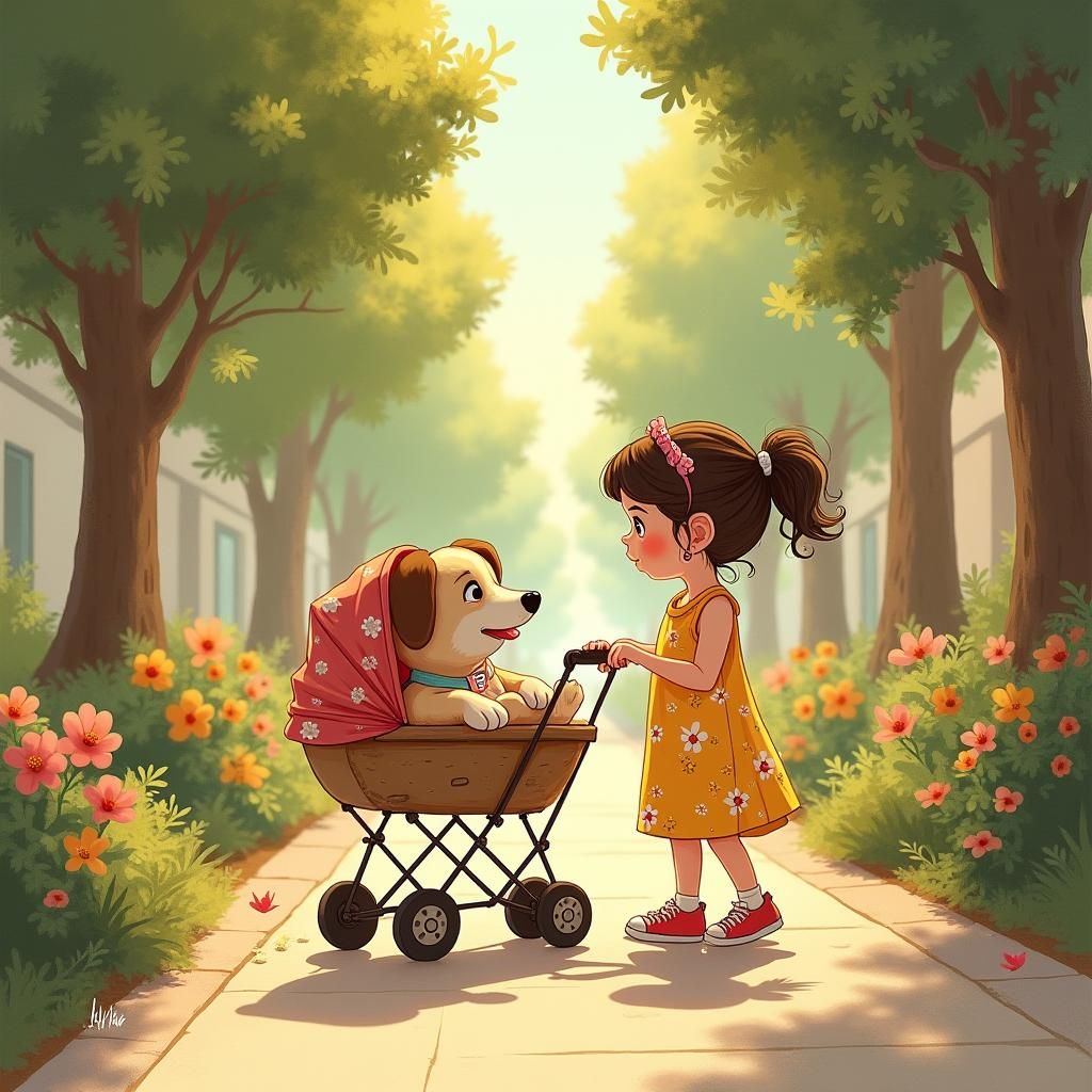Girl and Dog in Stroller: Whimsical Illustration