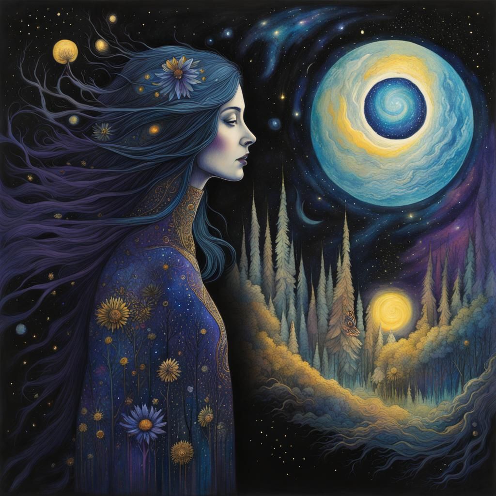 Mystical Woman in Cosmic Forest, Mixed Media Art