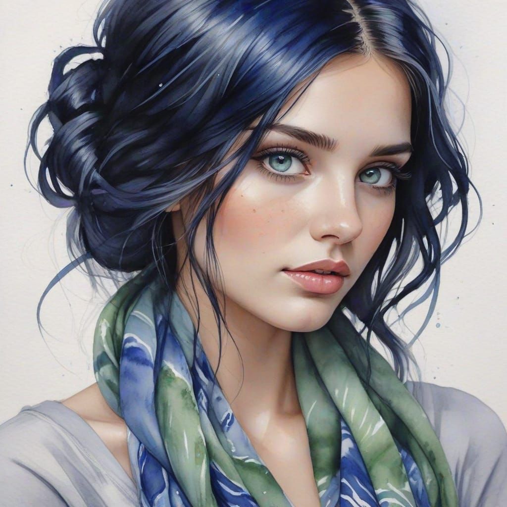 Captivating Woman with Tie-Dye Scarf in Watercolor