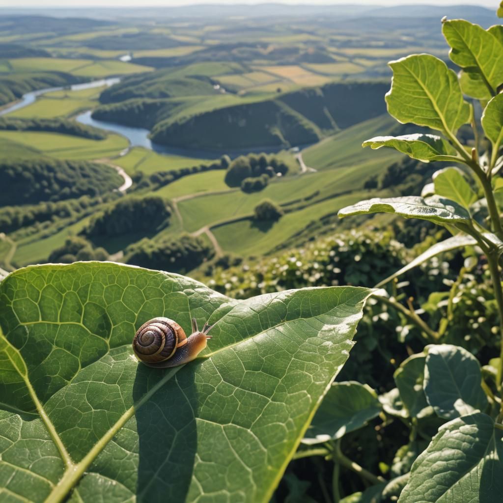 Snail Gazing at Sunny Landscape