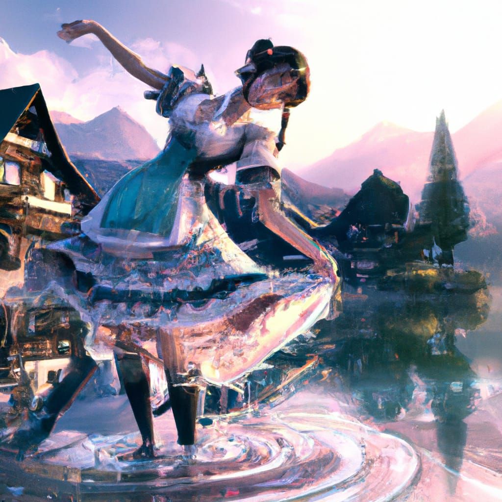 Fantasy Anime Maid Dancing Over Lake