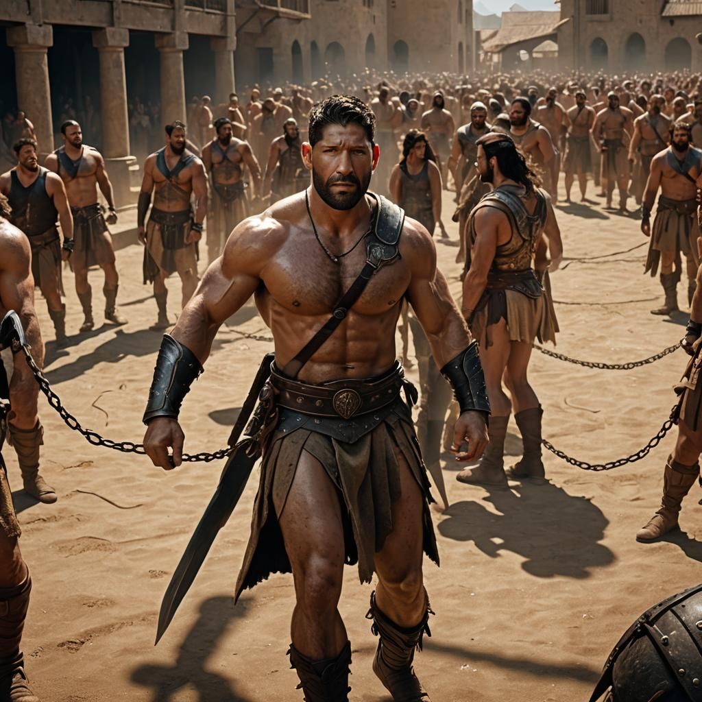 Muscular Gladiator Chained in Arena: Digital Art