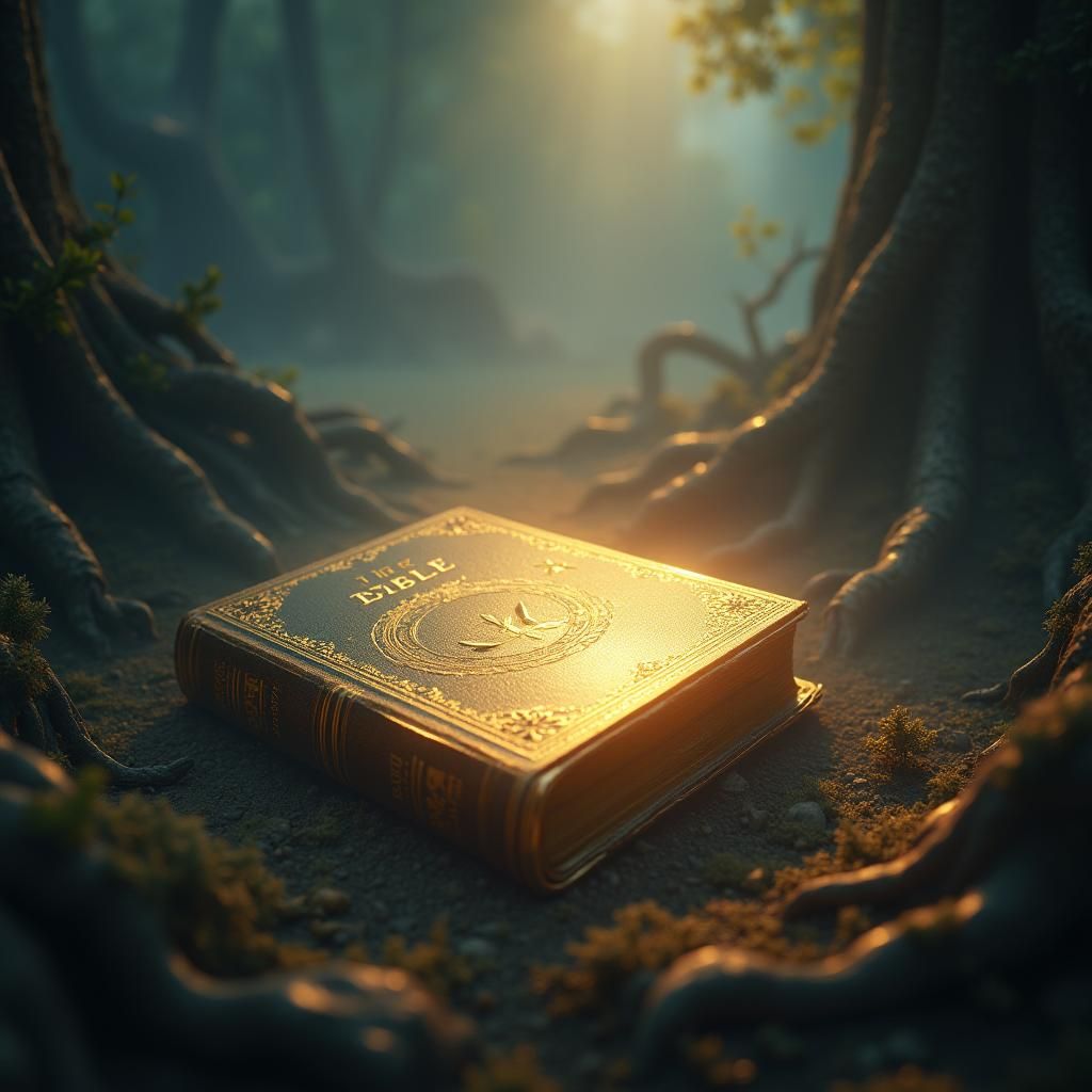 Golden Bible Floating in Mystical Dreamscape