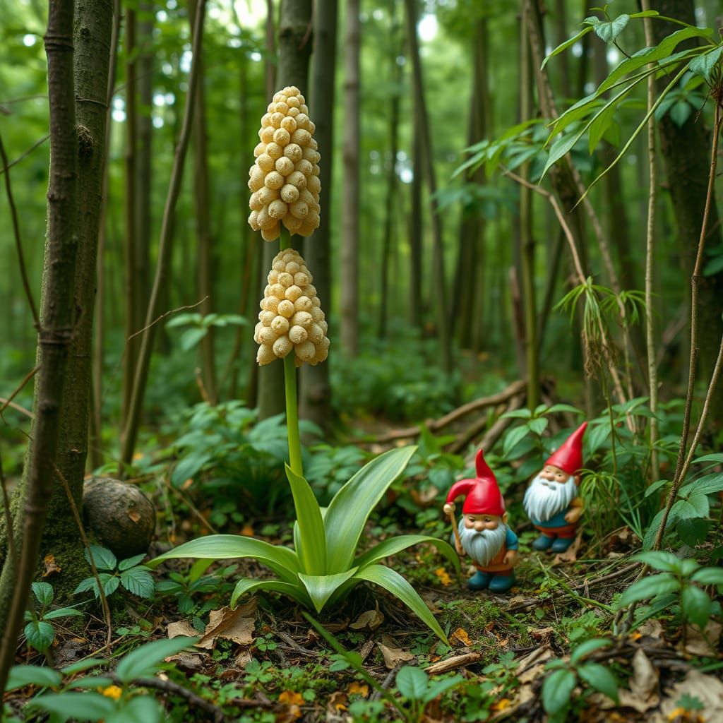 Gnomes Hide from Fearsome Triffid in Dark Forest