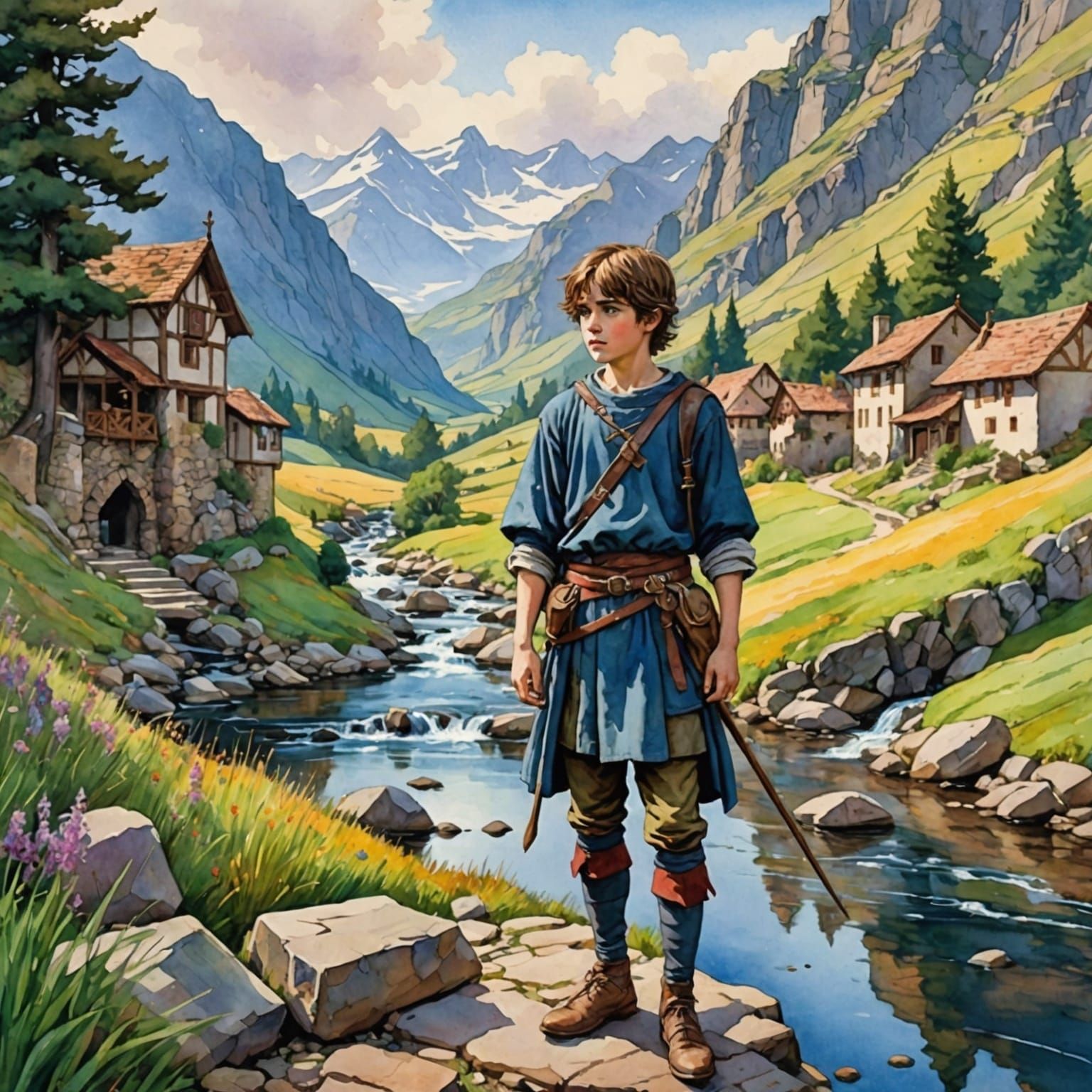 Medieval Boy by Stream in Watercolor Style