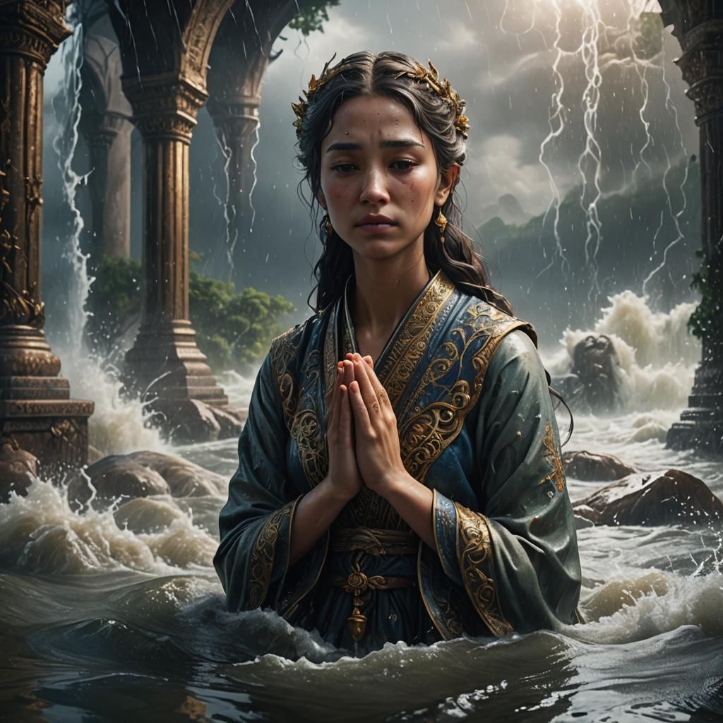 Woman Praying as Floodwaters Rise: Fantasy Art