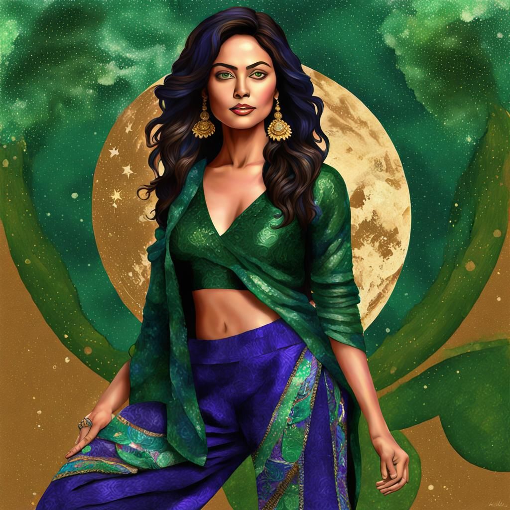 An amazing goddess wearing a deep blurple & emerald green East Indian inspired pants outfit