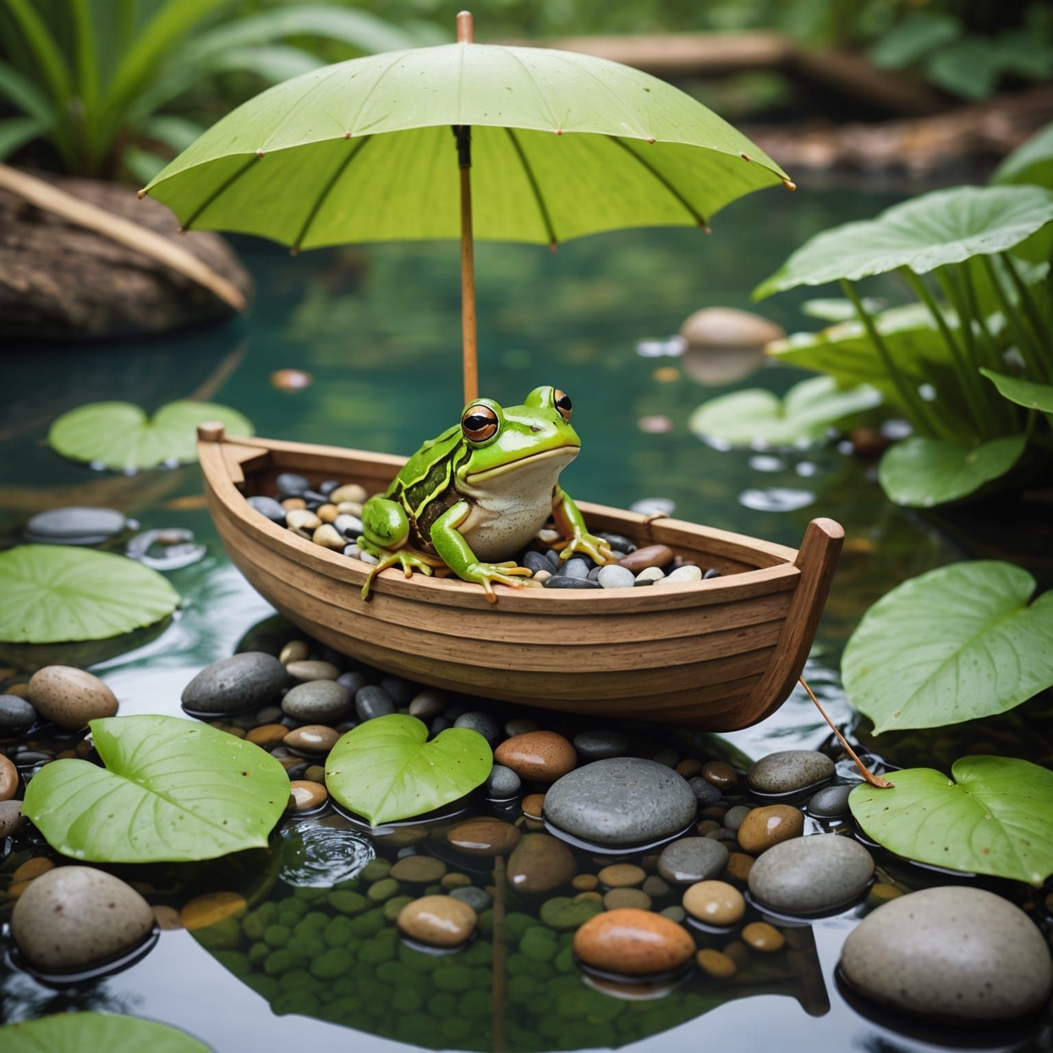 Whimsical Frog Navigating Serene Waterway
