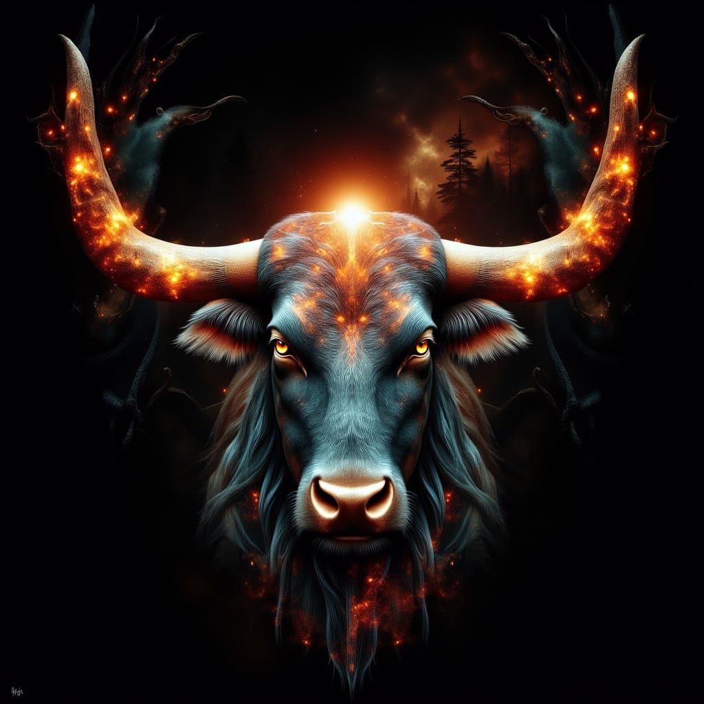 Bioluminescent Bull in Double Exposure Pointillism Style