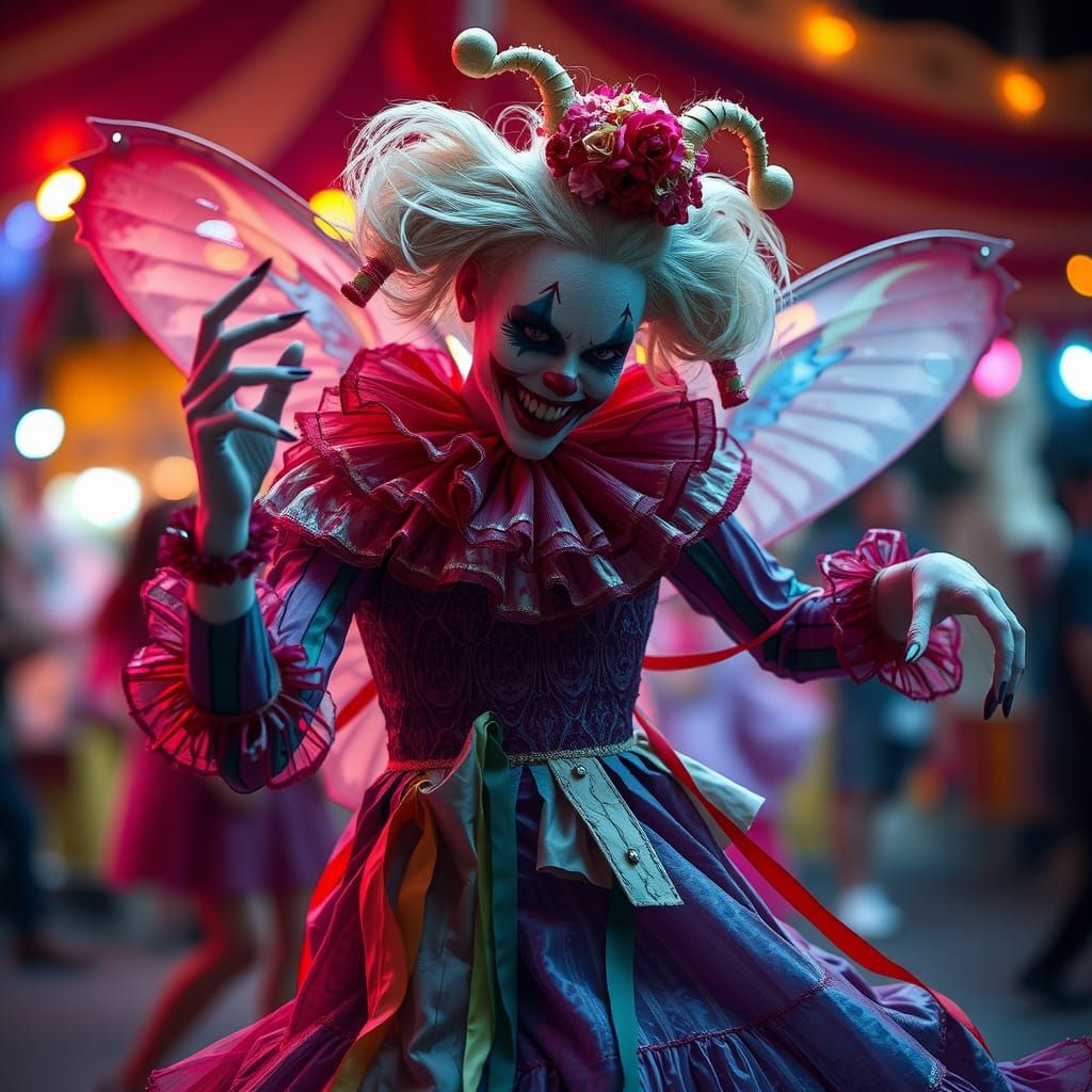 Sinister Fairy Clown Dances in a Surreal Carnival