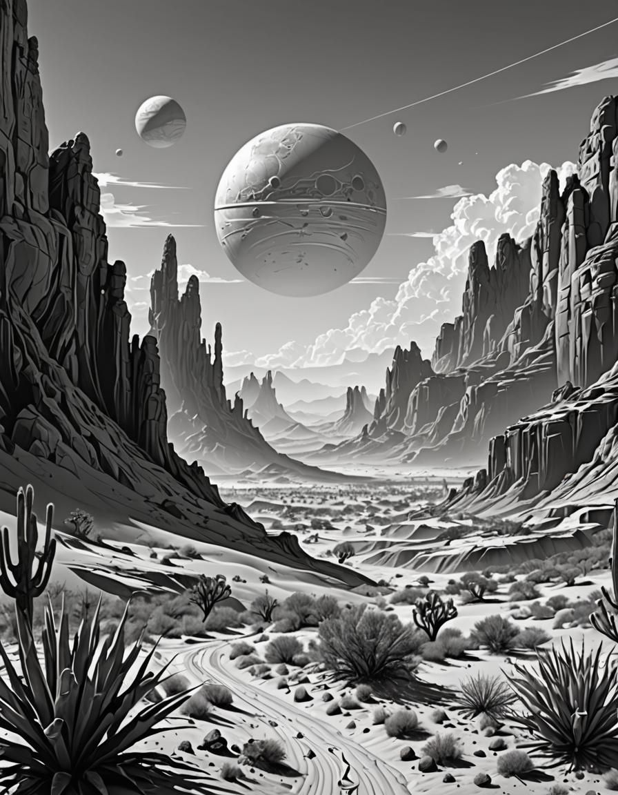 Golden Age Sci-Fi Desert Planet in Line Art