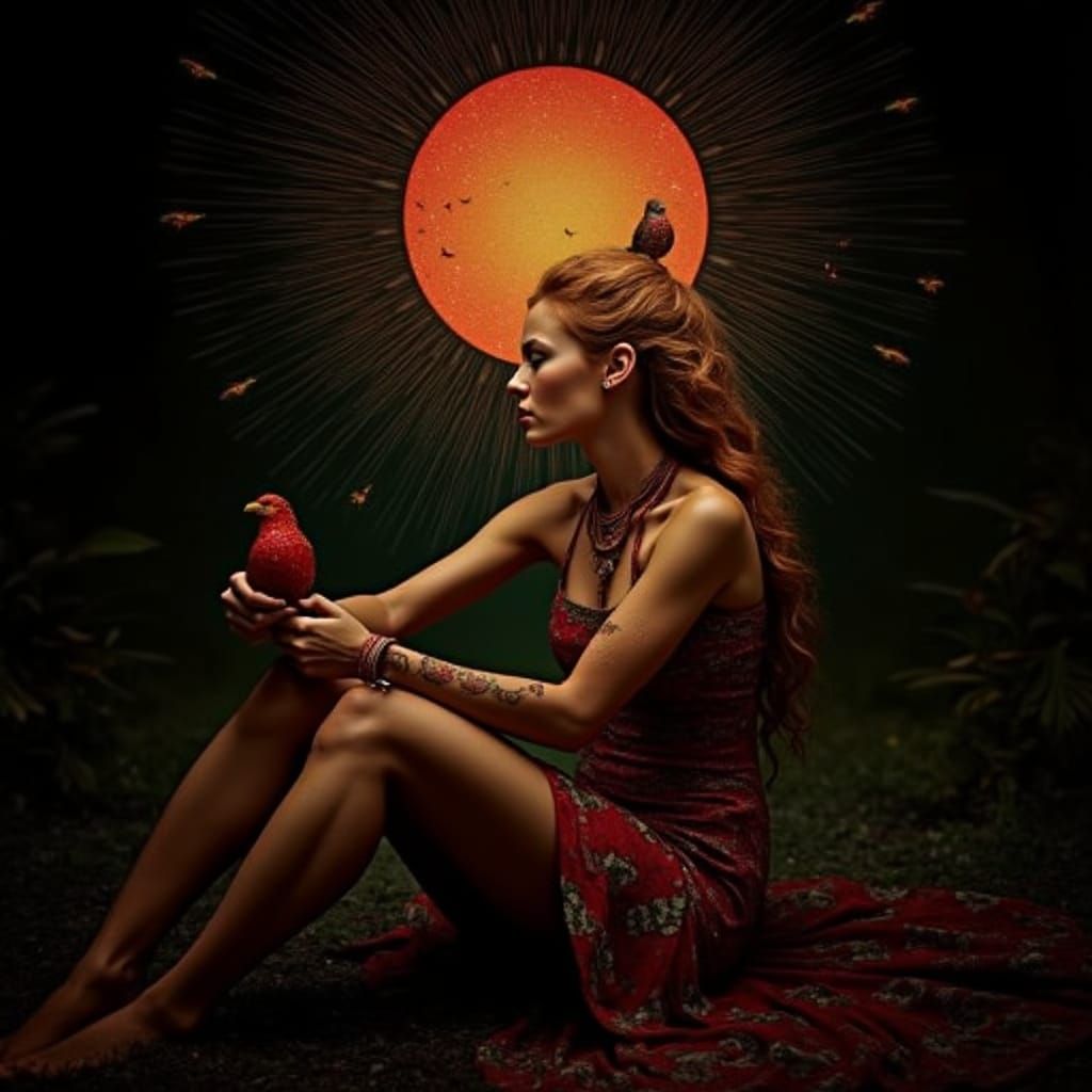 Ethereal Woman Carrying Birds in Cosmic Landscape