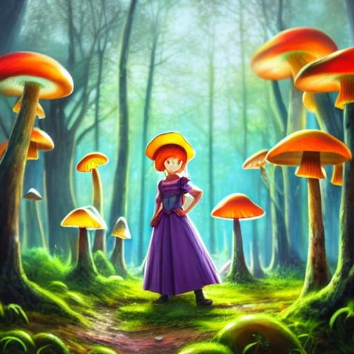 Whimsical Fantasy Scene: Glowing Mushrooms and Aeris Under M...