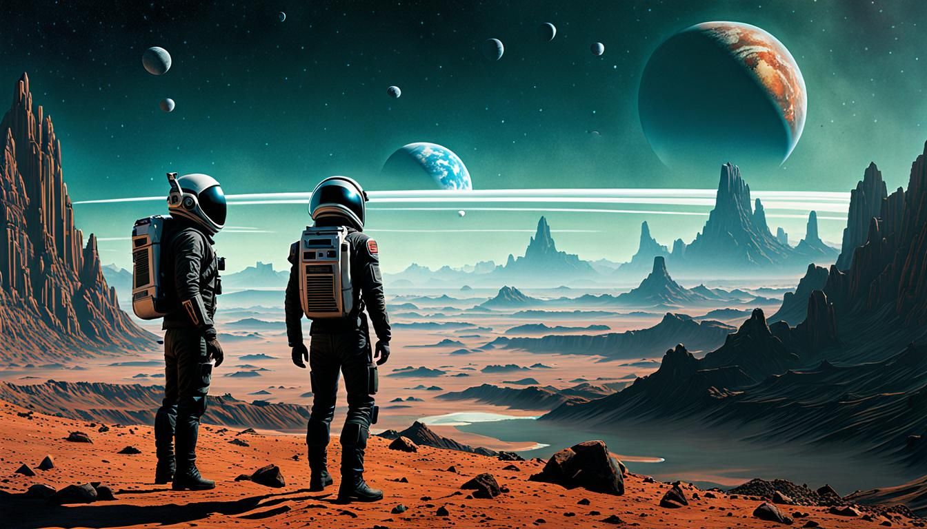 Alien Planet Explorer in Retrofuturistic Acrylic Style