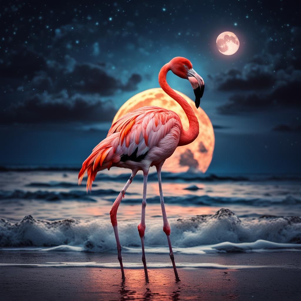 Flamingo on Beach Under Flaming Moon, Hyperrealistic Style