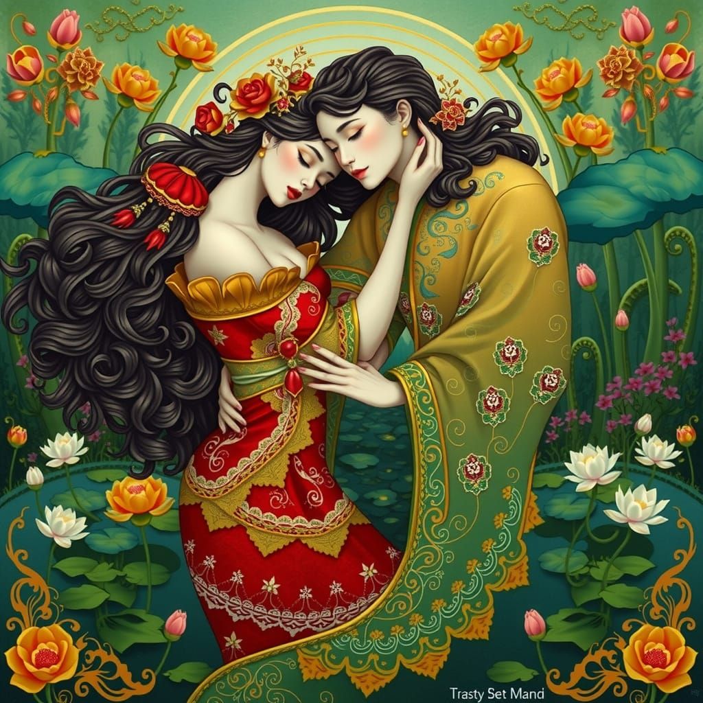 Elegant Figures in Embroidered Gowns by Lotus Pond