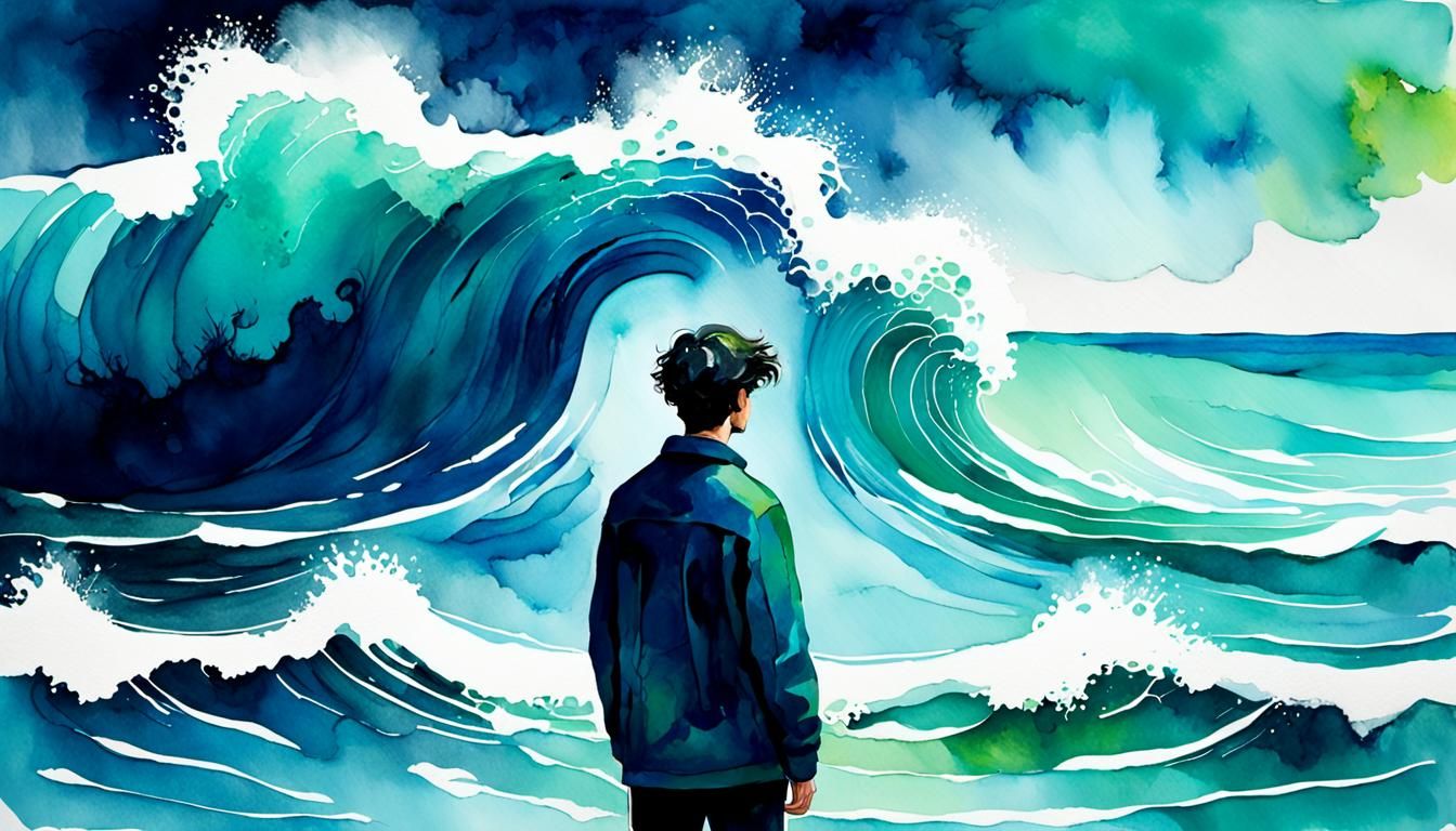 Surrealist Portrait of a Figure at the Ocean's Edge
