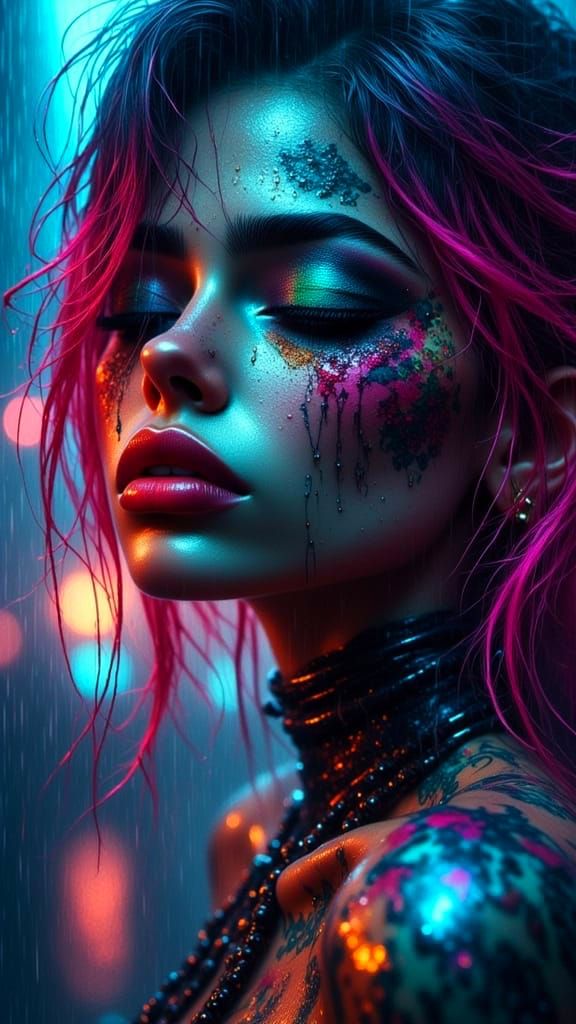 Surreal Portrait of a Tattooed Punk Metalhead in the Rain