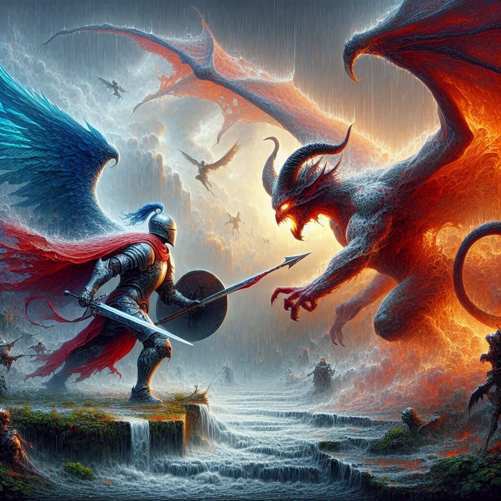 Knight vs Demon Faceoff in Rainy Fantasy Art
