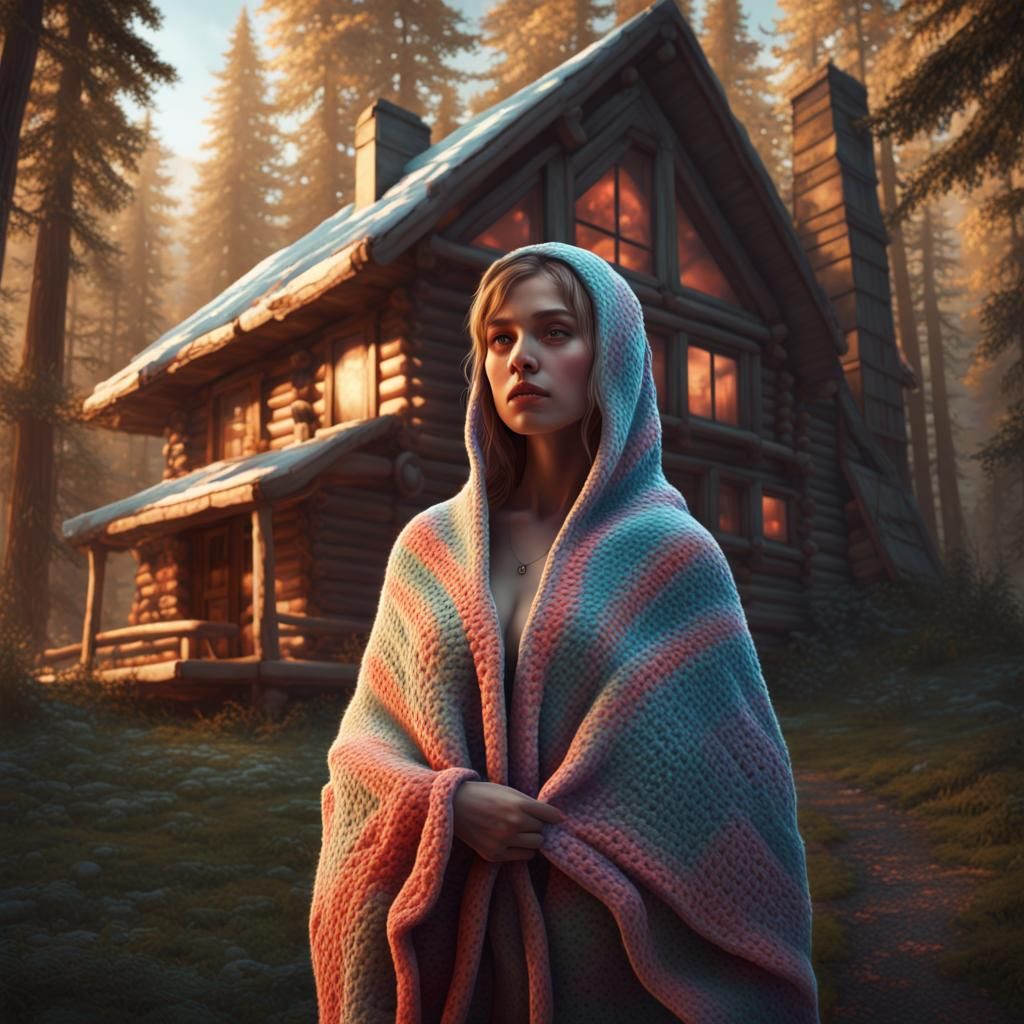 Crochet Blanket Cabin in Woods: Digital Art