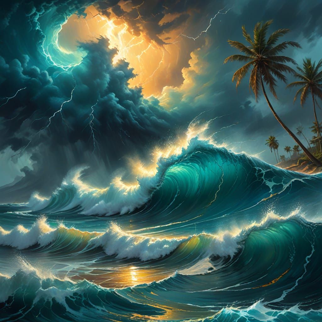 Stormy Wave Split by Lightning: Dramatic Landscape Painting