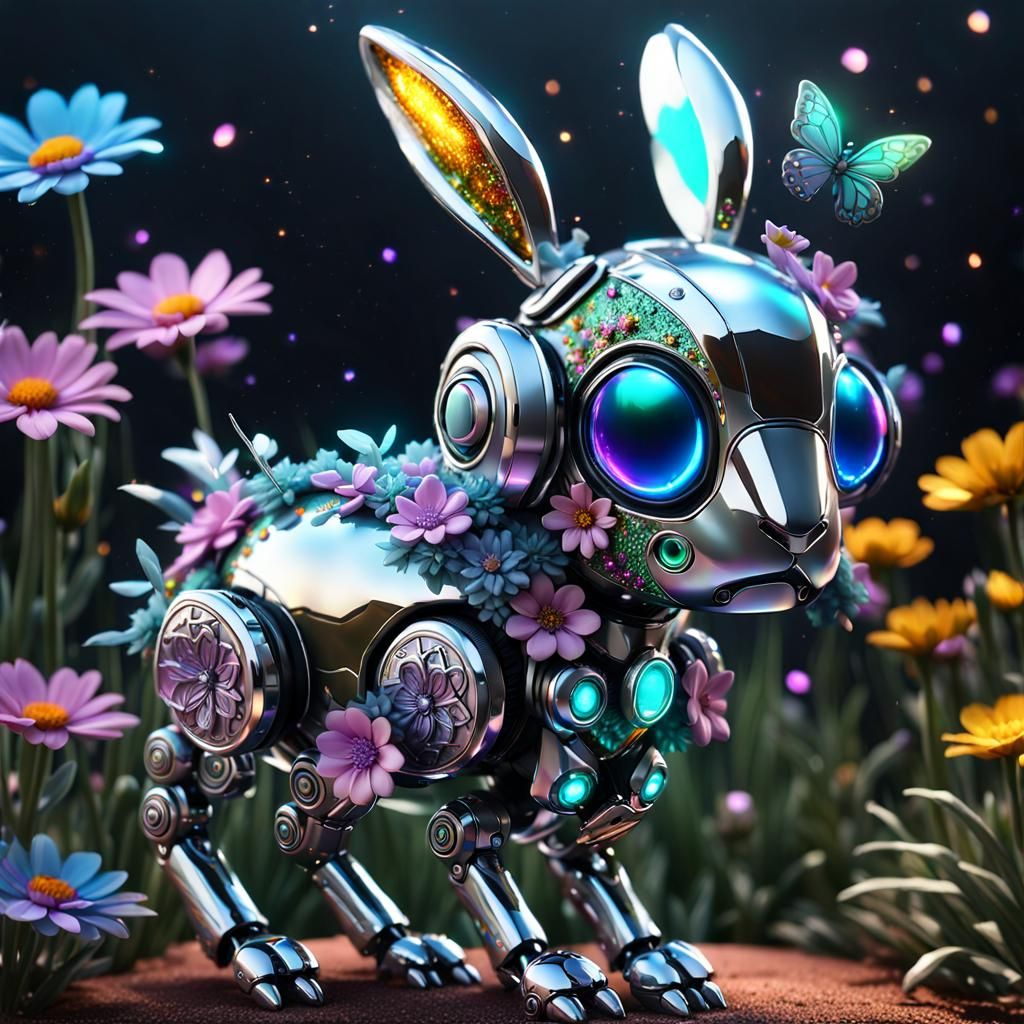 Chrome Robot Jackalope with Oil Slick Flowers