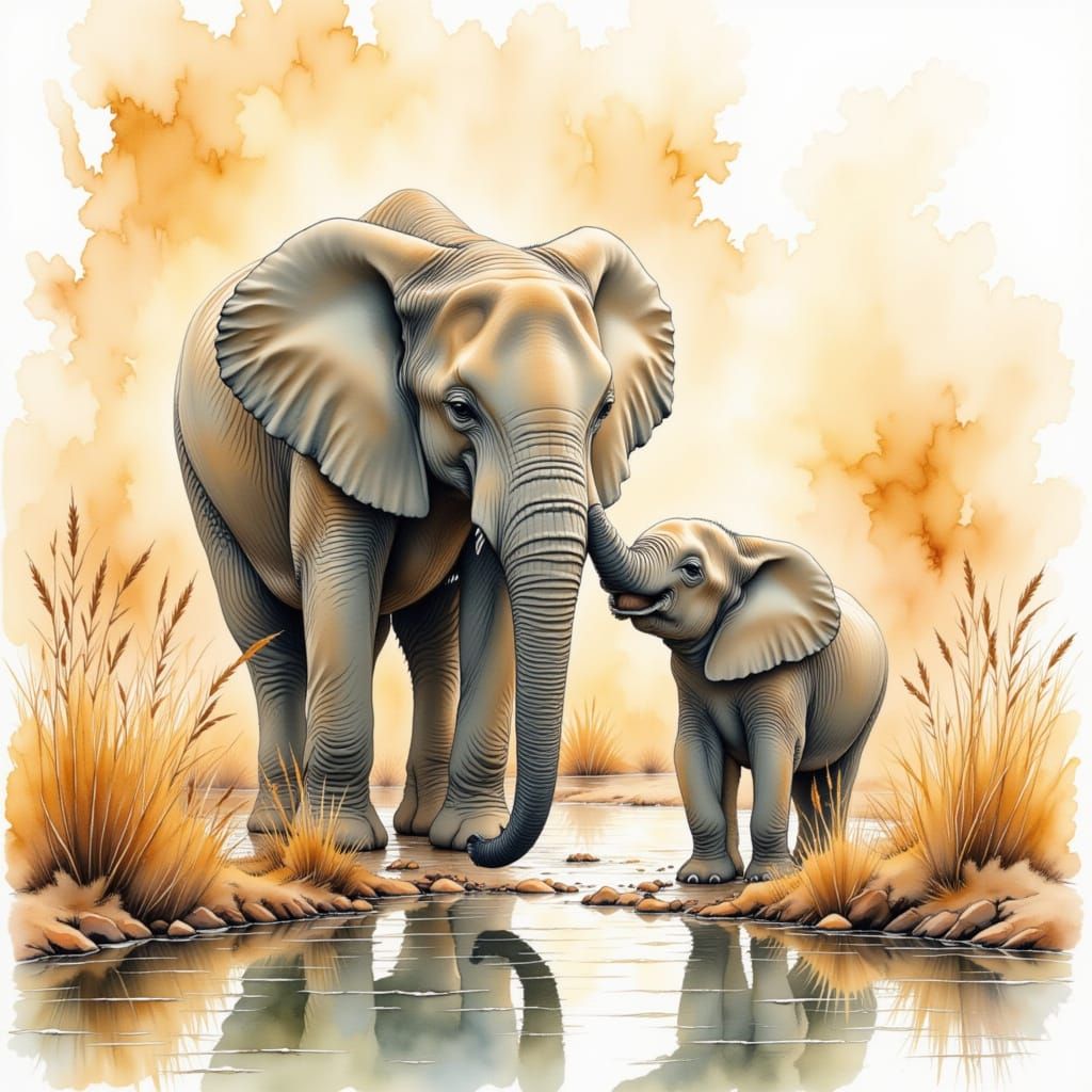 Elephant Mother and Calf in Watercolour Wash