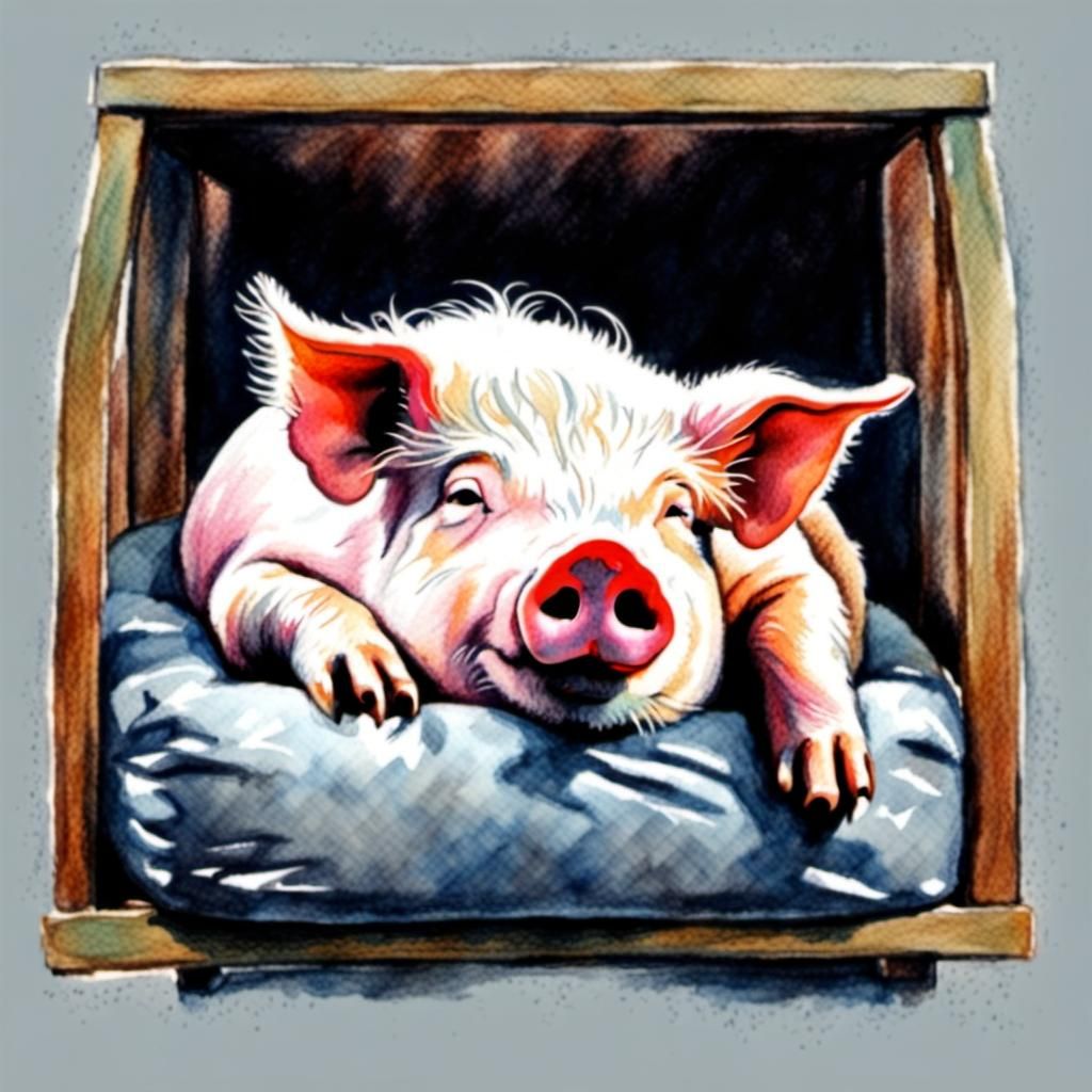Pig Sleeps in Dog Bed: Watercolor Sketch