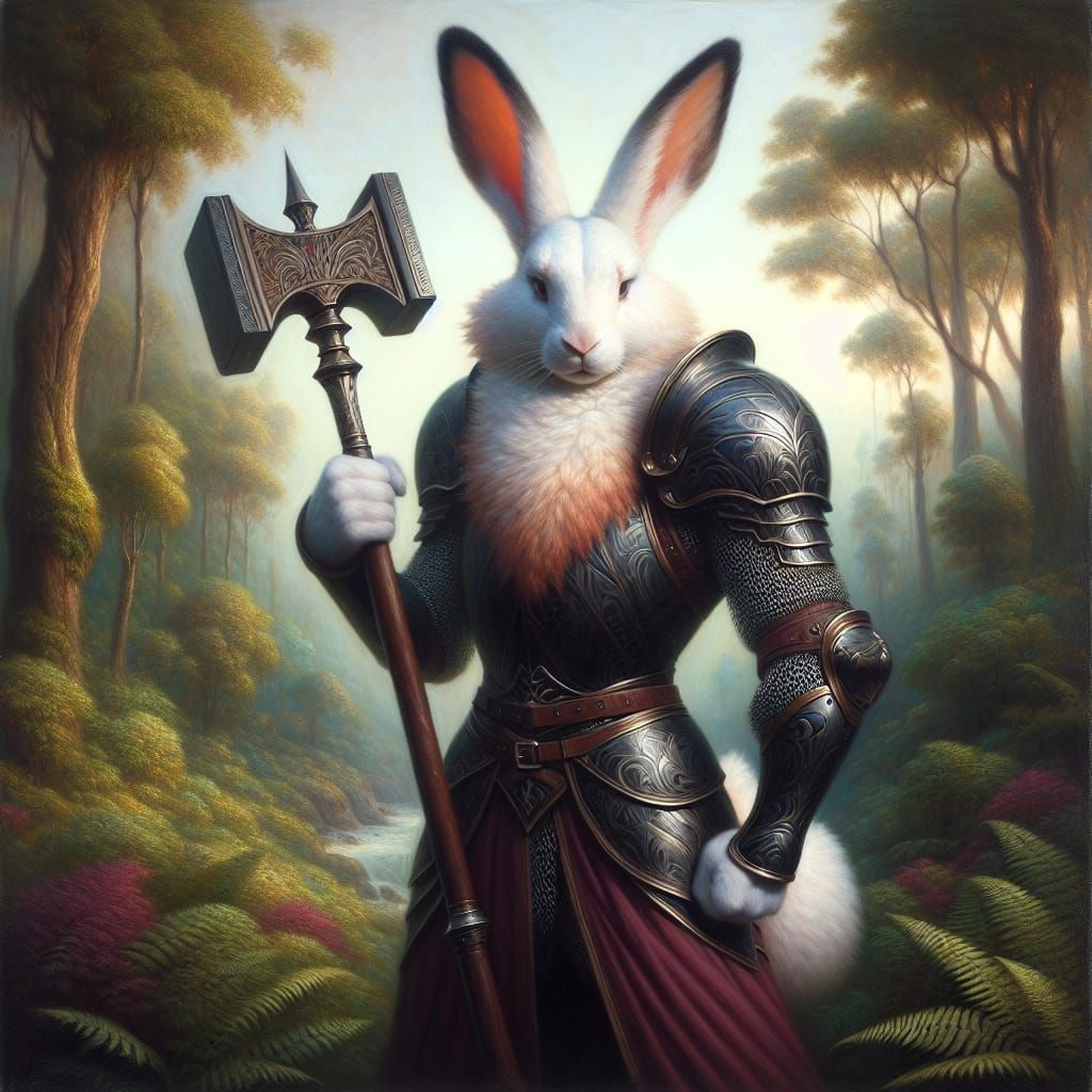 Anthropomorphic Rabbit Knight in Ethereal Forest